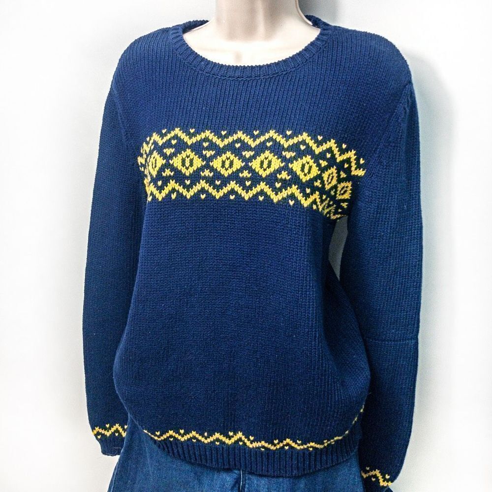Zara Jacquard Knit Alpine Pullover Blue/Gold Sweater Sz L (Flaw)